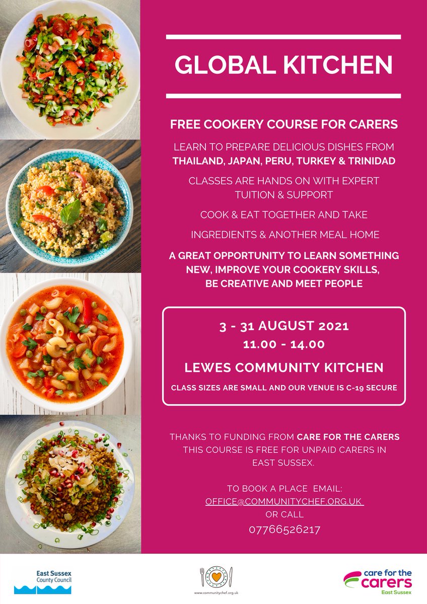 Global Kitchen, a free cookery course for unpaid carers in East Sussex. Make dishes from Thailand, Japan, Peru, Turkey &amp; Trinidad. 
eventbrite.co.uk/e/149309226917
<a href="/Care4theCarers/">Care for the Carers</a> <a href="/EastSussexCC/">East Sussex County Council</a> <a href="/AssocOfCarers/">Association of Carers</a>