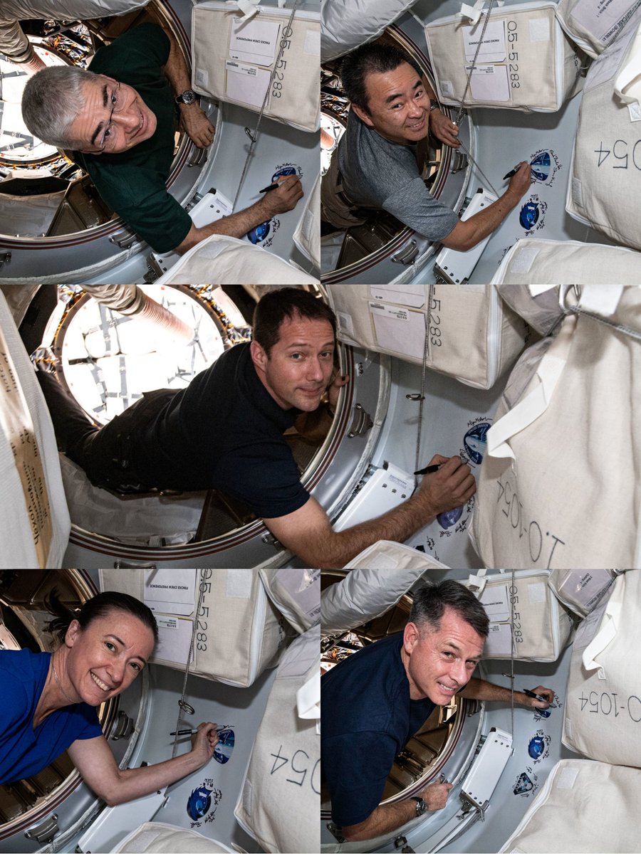 Expedition 65 crew @Astro_Sabot, @Aki_Hoshide, @Thom_astro, @astro_kimbrough sign their names next to the SpaceX CRS-22 cargo mission sticker attached to the vestibule between the Cargo Dragon resupply ship and the Harmony module's space-facing international docking adapter. https://t.co/DiDmfdrNet