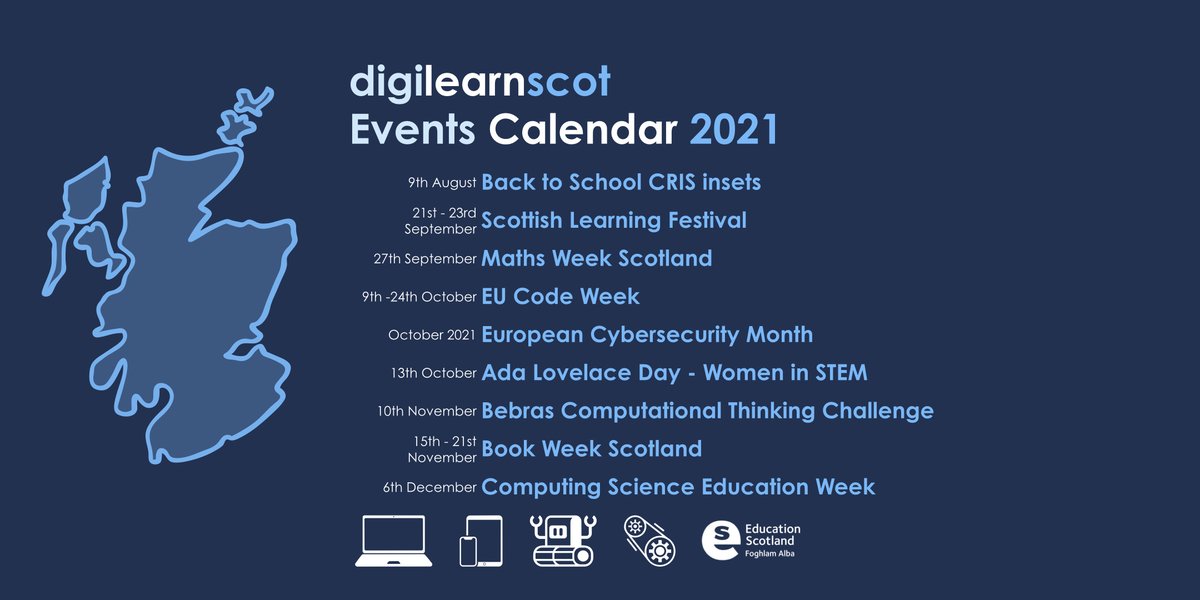 DigiLearnScot's tweet photo. **UPDATED DATES**

Wouldn't it be great if there was one place to find all the digital events and themes for the next school session? We've created this list to help you plan for the new session in 21/22. We'll keep it pinned so you can find it easily and update it as required. https://t.co/hkRPC6YxPT