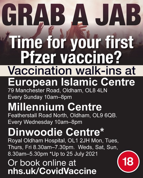 ❗❗ Had your #COVID vaccine yet? Oldham residents aged 18+ can have their #Pfizer jab at the Dinwoodie Centre (Royal Oldham Hospital) today until 7.30pm - no appointment needed, just walk-in. For more information please visit oldham.gov.uk/vaccine