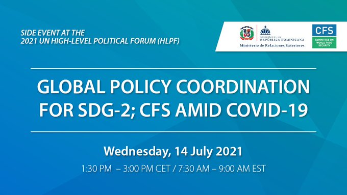 🔴Join us at the @UN_CFS side event on Global Policy Coordination for #SDG2 organized at the #HLPF2021!

🇺🇳UN Nutrition will speak about its coordination role & synergies w/ the work of #CFS 🤝

🗓️14 July 2021 🕜7.30am EST/1.30pm CEST

More information at: bit.ly/CFS-HLPF2021
