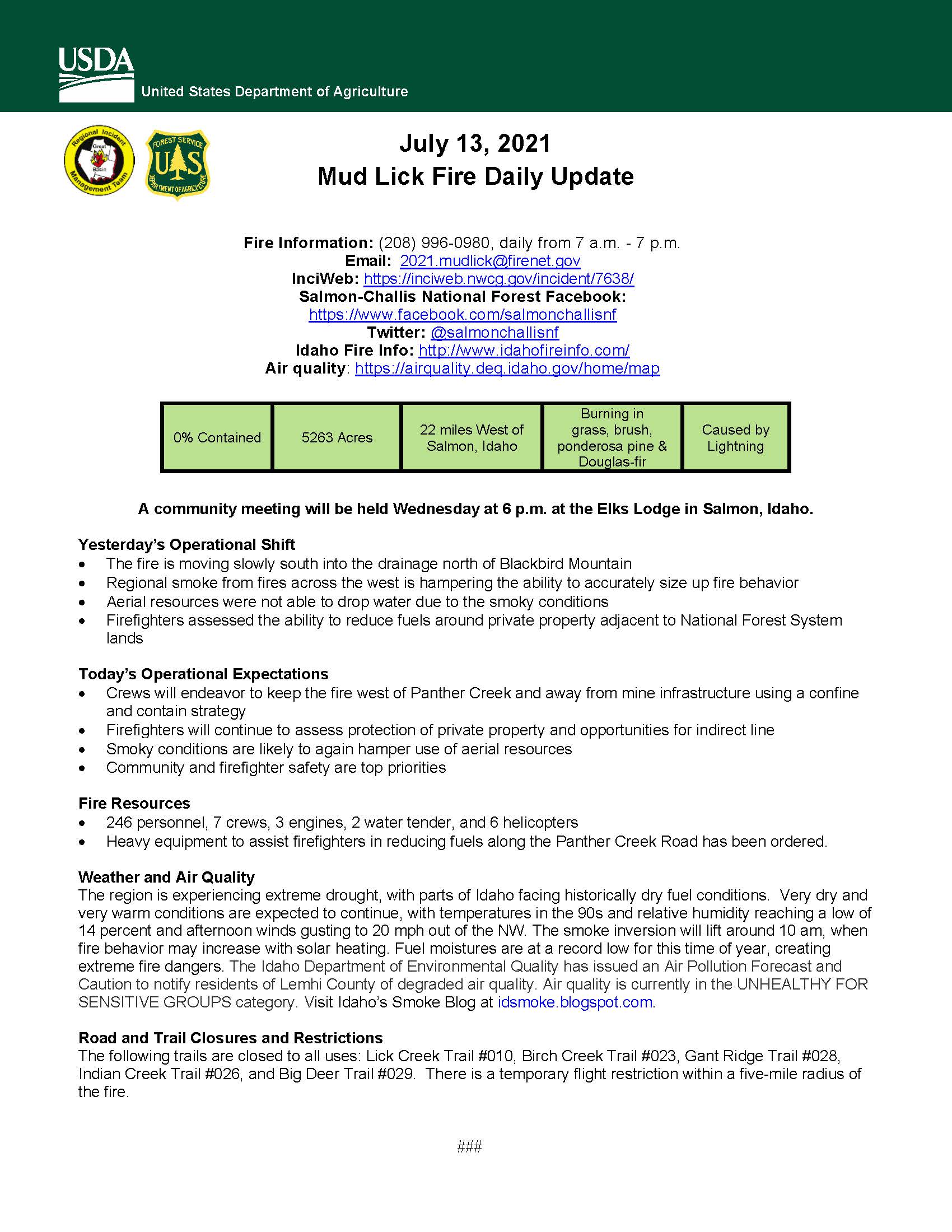 SalmonChallis NF on Twitter "July 13 Mud Lick Fire Morning Update The