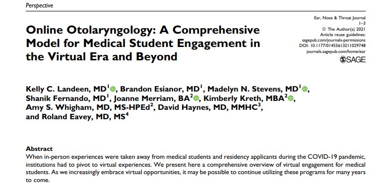 VUMC Otolaryngology–Head and Neck Surgery (@vanderbiltent) on Twitter photo When in-person experiences were unavailable due to #COVID19, institutions pivoted to virtual experiences. Overview of #VirtualEngagement for #MedicalStudents: journals.sagepub.com/doi/full/10.11… #MedEd #recruitment @kclandeenmd <a href="/BEsianor/">Brandon Esianor</a> <a href="/MdMadelyn/">Madelyn Stevens</a> <a href="/SJFernando_Oto/">Shanik Fernando</a> <a href="/WhighamAmyMD/">Amy S. Whigham, MD, MS-HPEd</a> <a href="/haynes_ear/">David Haynes</a> When in-person experiences were unavailable due to #COVID19, institutions pivoted to virtual experiences. Overview of #VirtualEngagement for #MedicalStudents: journals.sagepub.com/doi/full/10.11… #MedEd #recruitment @kclandeenmd <a href="/BEsianor/">Brandon Esianor</a> <a href="/MdMadelyn/">Madelyn Stevens</a> <a href="/SJFernando_Oto/">Shanik Fernando</a> <a href="/WhighamAmyMD/">Amy S. Whigham, MD, MS-HPEd</a> <a href="/haynes_ear/">David Haynes</a>