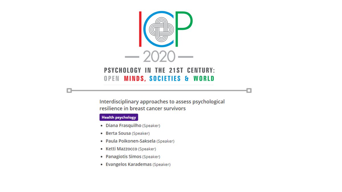 Looking forward to participating at the <a href="/ICP_2020/">Igreja com Propósito</a> / International Congress of Psychology!!
"Interdisciplinary approaches to assess psychological resilience in breast cancer survivors"
#icp2020plus 
#psychology #BreastCancer #cancer #BounceProject  #cancerrecovery   #womenshealth