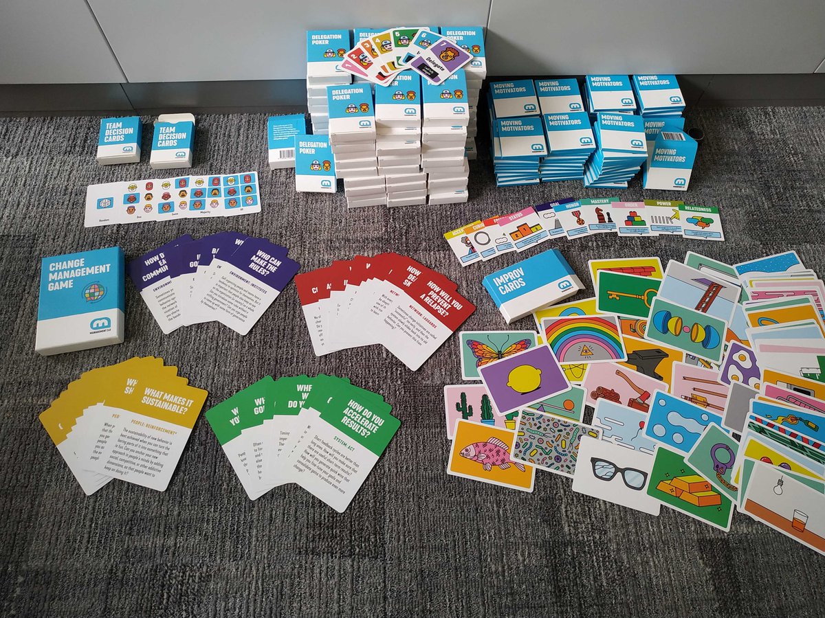 JeromeUrvoas's tweet photo. Nous avons refait le plein pour notre communauté de #managers et #leaders #agiles #Lectra : #ChangeManagementGame #TeamDecisionCards #DelegationPoker #MovingMotivators #ImproCards Autant d'outils @Management30 au service d'une #posture pour évoluer dans notre monde #complexe. https://t.co/BBxCGojsyo