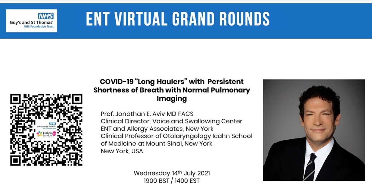 Please join us for our next grand round by Dr. Aviv of @ENT_and_Allergy & @IcahnMountSinai Covid19 Longhaulers - 14 Jul at 1900 BST Register below for joining details: us02web.zoom.us/meeting/regist… @socialmediaAOT @ENT_AudsNews @Laryngology #ENTGrandRounds #ENTwitter #Medtwitter