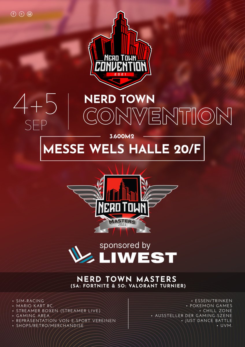 Nerd Town Convention 2021! 🎉

Am 4.9. &amp; 5.9. erwarten euch spannende Turniere, kleine Events, Streamer uvm. auf 3.600m2! 🔥

Das solltet ihr euch nicht engehen lassen! Sichert euch gleich eure Tickets! 

⬇️Ticketshop⬇️
nerdtown-esport.at/ticket-shop

#NTC #NerdTownConvention2021