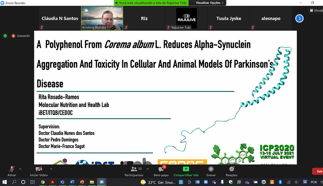 Do you want to know how we found, at <a href="/CNSantos_lab/">ClaudiaNSantos Lab</a>, a polyphenol from Corema album L. that reduces alpha-synuclein aggregation and toxicity in cellular and animal models of Parkinson’s Disease? Find out now at #ICP2020Turku presented by <a href="/ritajramos2/">Rita João Ramos</a>  from #CEDOC <a href="/nova_medschool/">NOVA Medical School</a>