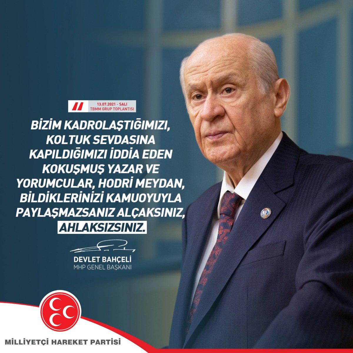 Ulku_Ocaklari's tweet photo. Bizim kadrolaştığımızı, koltuk sevdasına kapıldığımızı iddia eden kokuşmuş yazar ve yorumcular, hodri meydan, bildiklerinizi kamuoyuyla paylaşmazsanız alçaksınız, ahlaksızsınız.

MHP Genel Başkanı
Devlet BAHÇELİ https://t.co/kA4sUcMBbM