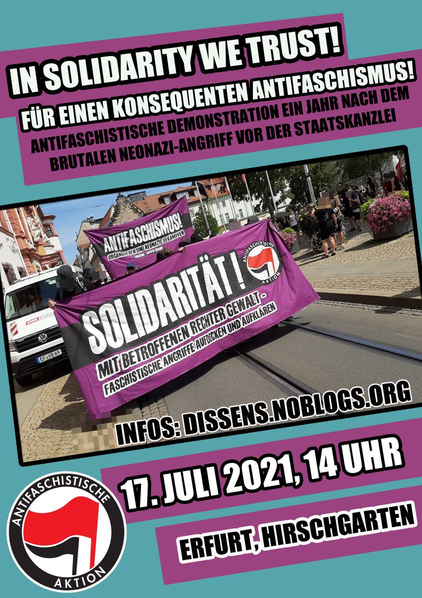 AntifaErfurt's tweet photo. Gegen diese Ausmaße rassistischen Gewalt u. ihrer staatlichen Unterstützung gilt es sich zu organisieren! StA Grünseisen zeigt stellvertretend einmal mehr, wie sich die Justiz positioniert! 

Deshalb am Samstag auf die Straße! In solidarity we trust: https://t.co/mzHqqsFpnw 7/7 https://t.co/4pV51ESuUb