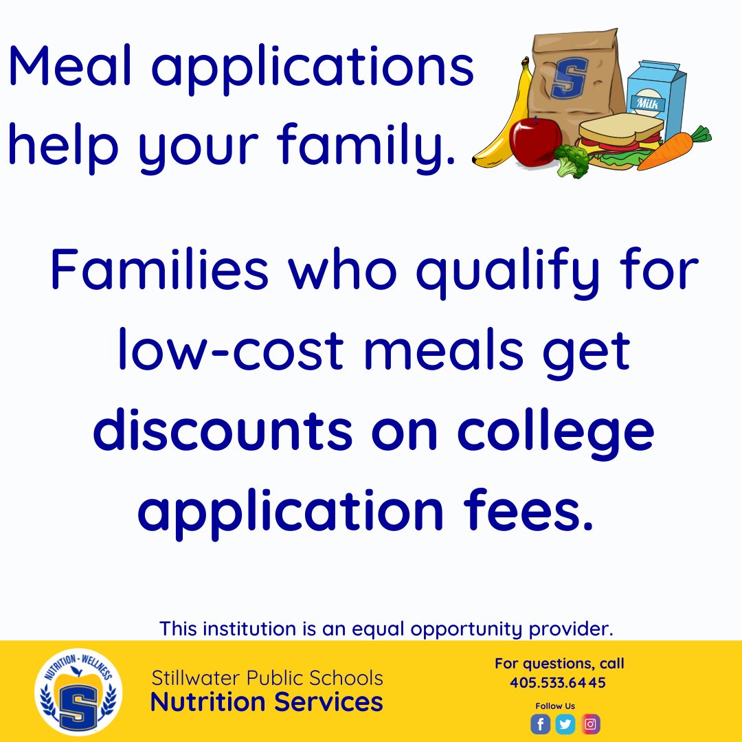 SPSNutrition's tweet photo. Some universities give discounts on application fees for families who qualify for low-cost meals. Save the application fee for other college expenses and apply for low-cost school meals now. https://t.co/OWuU86TvGx
#stillwaterschoolmealsrock #freemealsforkids https://t.co/YxEqXDNXpQ