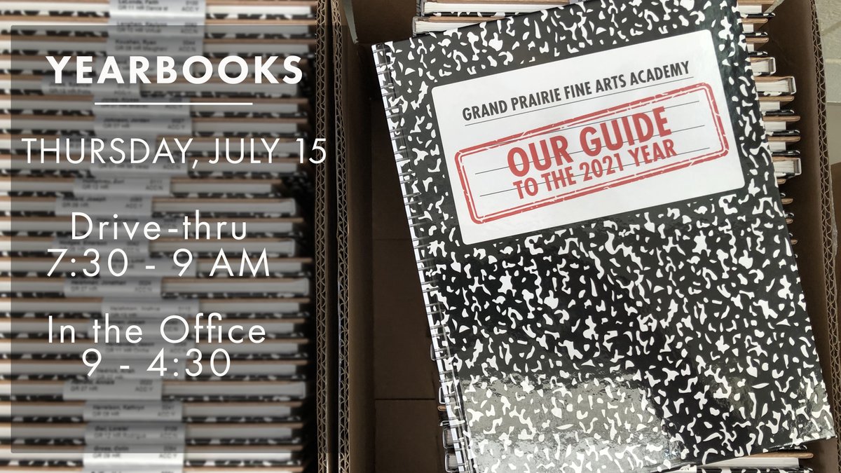 Yearbooks are in. If you graduated or are not returning, come pick up your yearbook on Thursday, July 15. If you are returning, you can get your yearbook when you register, come to camp or back to school.