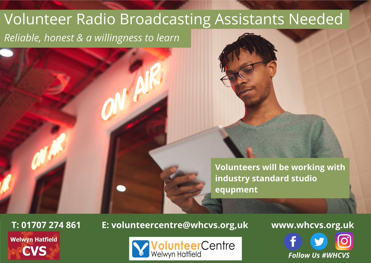 Do want to learn how to produce a radio programme? Maybe you have the skills to teach others
 
A local radio station is looking for volunteers

Register: whcvs.org.uk/volunteer.../i…

#WelwynHatfield #HertfordshireRadio #Herts #VolunteerCentre #CommunityRadio  #VounteersNeeded #WHCVS