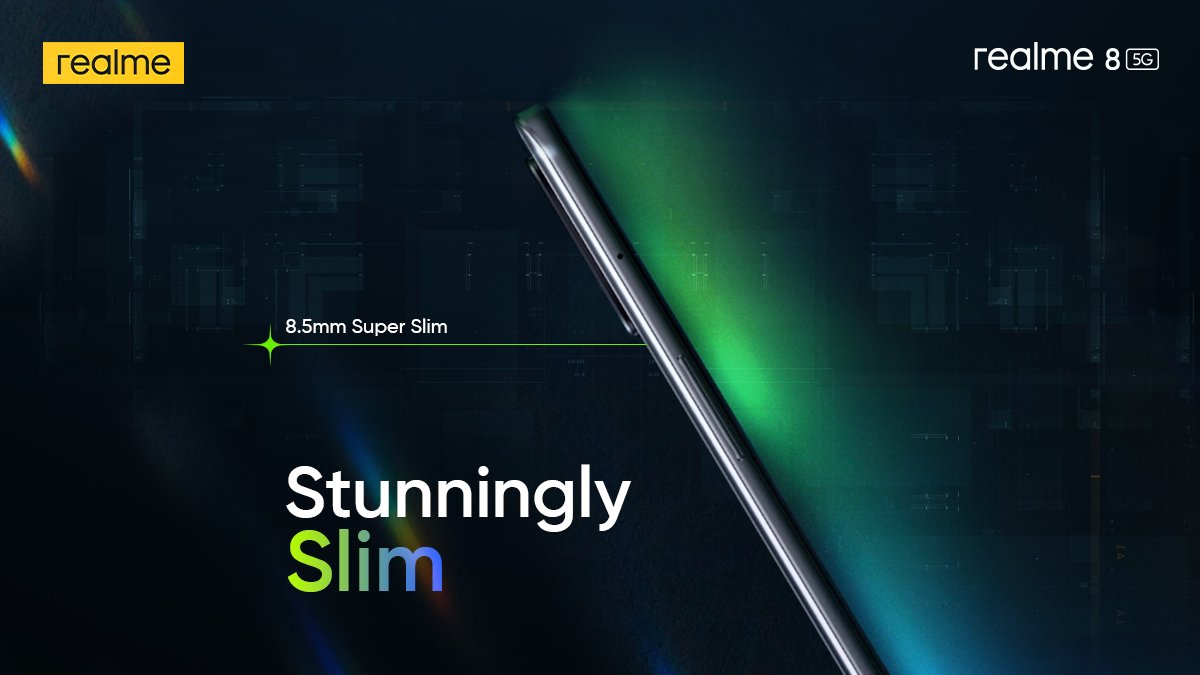 realmeIndia's tweet photo. Thin, light and yet exceptionally powerful! 
We are talking about the #realme8 5G which gives you the #5GSpeedToInfinity with an 8.5mm Super Slim body and just 185g weight. 

Now that's impressive, isn't it?  

Buy now: https://t.co/3Pagfl3LyG https://t.co/Cfh6L2olTP