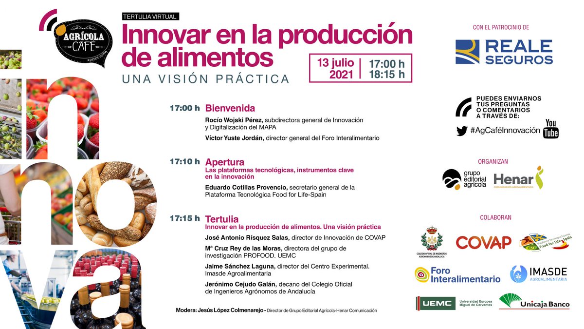 Henar_Comunica's tweet photo. 📣 Empieza #AgCaféInnovación: 'Innovar en la producción de alimentos: una visión práctica' 🔬
Síguela en ⤵️
https://t.co/RNJDAdWF7f
🫂 Patrocina: @Reale_Seguros | Colaboran: @iagronomos, @Covap, @Food4LifeSPAIN, @forointeralimen, #IMASDE, @UEMC y @UnicajaBanco
¡Comenzamos! ⤵️ https://t.co/fxexJKnLcm