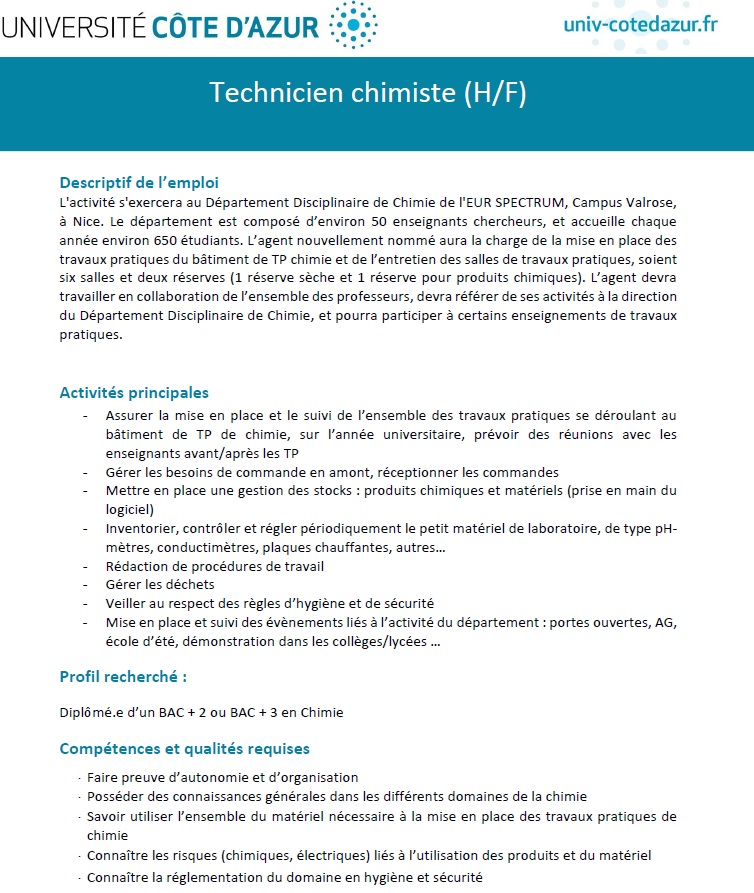dpt_chimie's tweet photo. #OffreEmploi : Le département de Chimie de la Faculté des Sciences et Ingénierie de Nice de @Univ_CotedAzur recherche un.e https://t.co/fOhu335JmV de TP Chimie.

Poste à pourvoir au 01.09.2021, plein temps.

Qualification requise : BAC + 2 ou BAC + 3 https://t.co/S5JYDwA98E