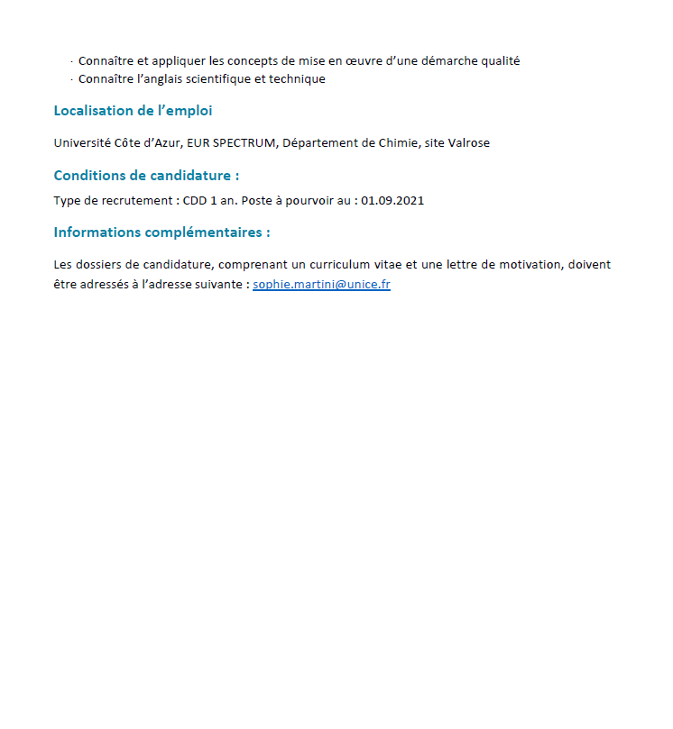 dpt_chimie's tweet photo. #OffreEmploi : Le département de Chimie de la Faculté des Sciences et Ingénierie de Nice de @Univ_CotedAzur recherche un.e https://t.co/fOhu335JmV de TP Chimie.

Poste à pourvoir au 01.09.2021, plein temps.

Qualification requise : BAC + 2 ou BAC + 3 https://t.co/S5JYDwA98E