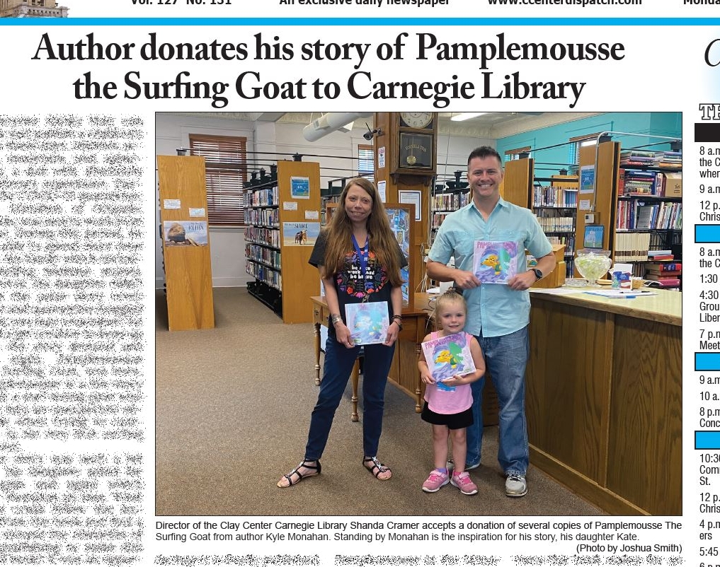 PamplemousseBk's tweet photo. Thank you to the Clay Center Carnegie Library and the Clay Center Dispatch for helping to spread this inspiring story.  The book is available on @Amazon here: https://t.co/yYaMMxeoc6

Ebook version is also available for your @AmazonKindle!

#childrensbooks #surfinggoat #kidsbooks https://t.co/BF9St8EzAA