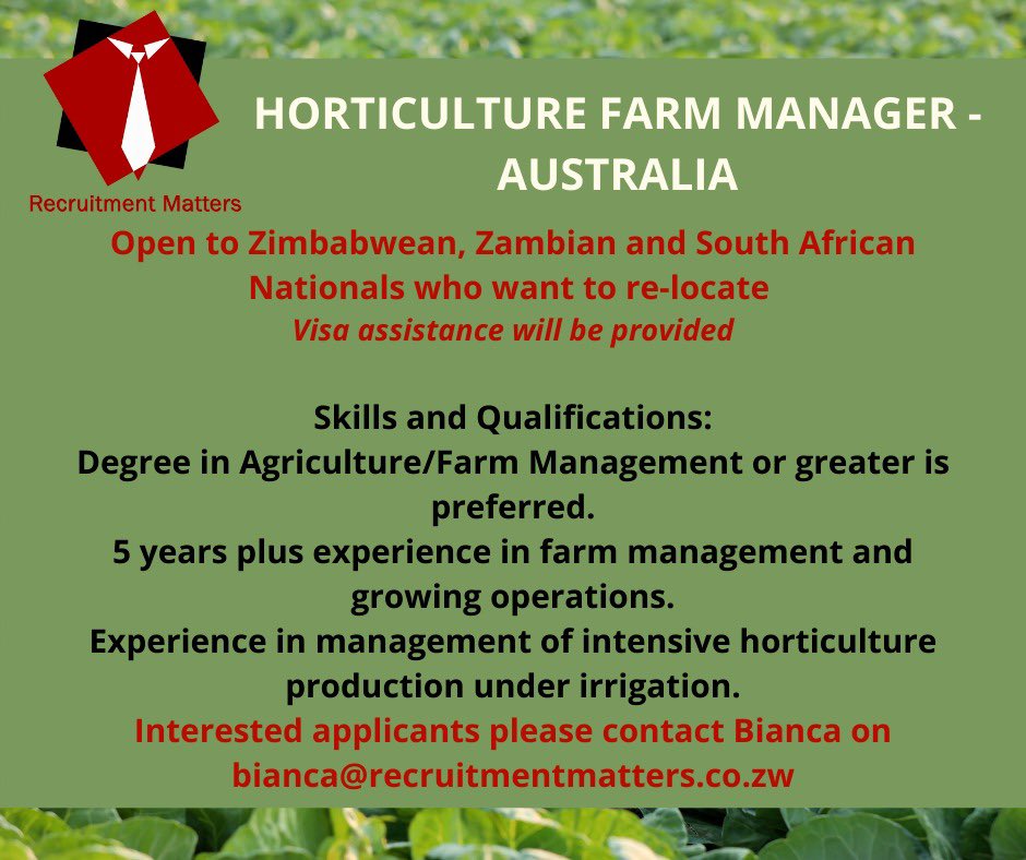Attention Veggie Farmers:
Would you be interested in relocating to Australia 🇦🇺?  Got a call today from Receuitment Matters with exciting opening available for Zimbabwean willing to relocate. Visa Assistance provided. Email your CV to bianca@recruitmentmatters.co.zw