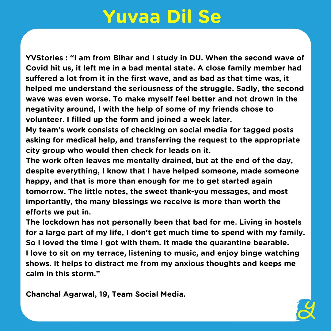 Chanchal Agarwal (<a href="/mragarwal_7/">Chanchal Agarwal</a>) #YuvaaVolunteer who is working tirelessly to bring smiles and save lives across India. 

#YuvaaDilse #YVStories #YouthFightsCovid #Yuvaa