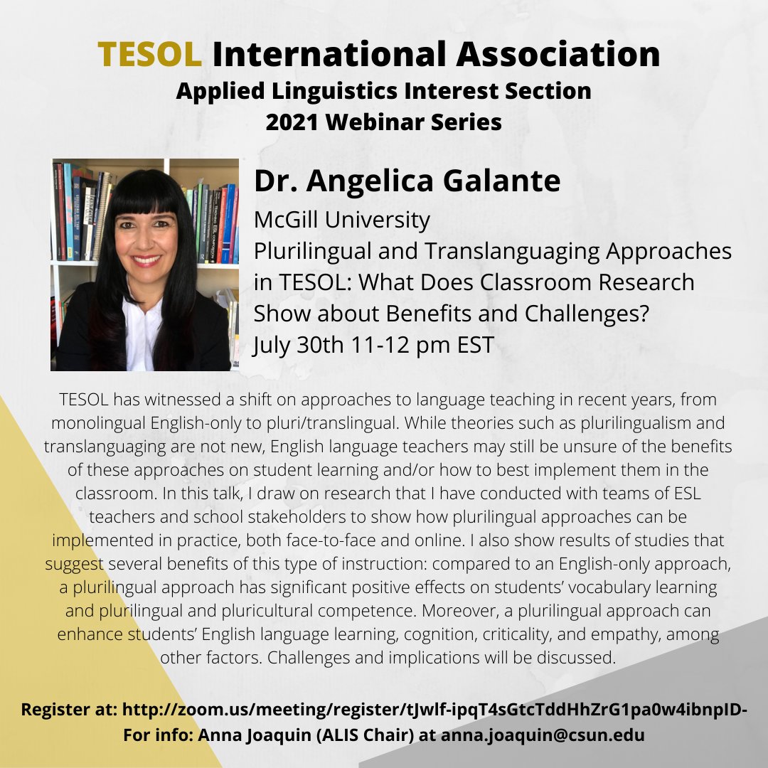📢<a href="/TESOL_Assn/">TESOL Intl Assn</a> is offering a FREE webinar series on translanguaging &amp; plurilingual approaches in the language classroom (FREE). 
Register here for the next webinar with Dr. Angelica Galante, which will take place on July 30, 11-12pm (EST). 👇
bit.ly/2UNsYcI