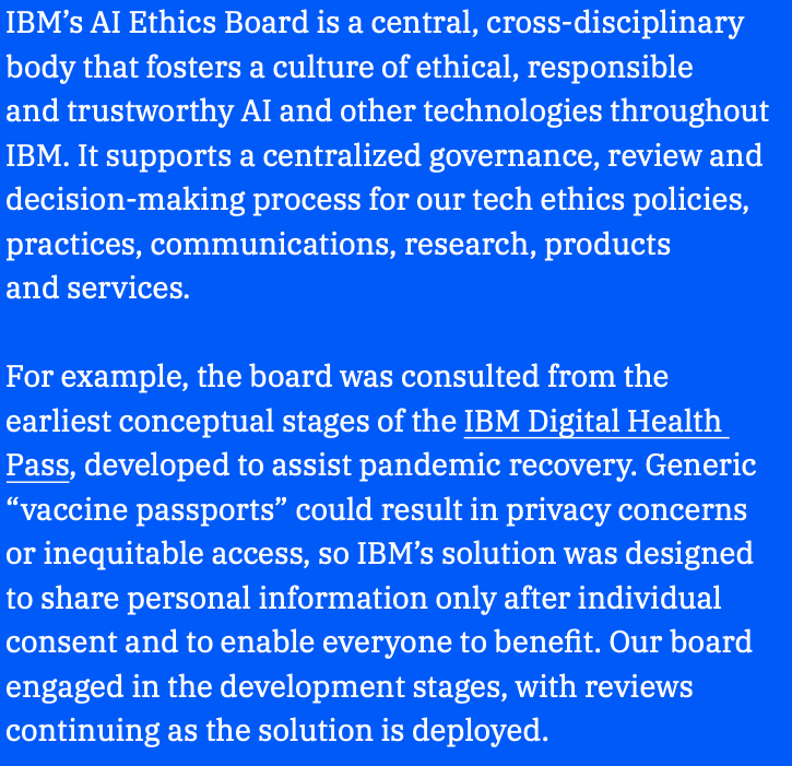 What makes <a href="/IBM/">IBM</a> @IBMBlockchain special?  Deep focus on technology's ethical implications.  I can attest it is a consideration from day-1 as we build.  For example our #COVID credential, IBM Digital Healthpass, considered privacy, equitable access and ethics from its inception.