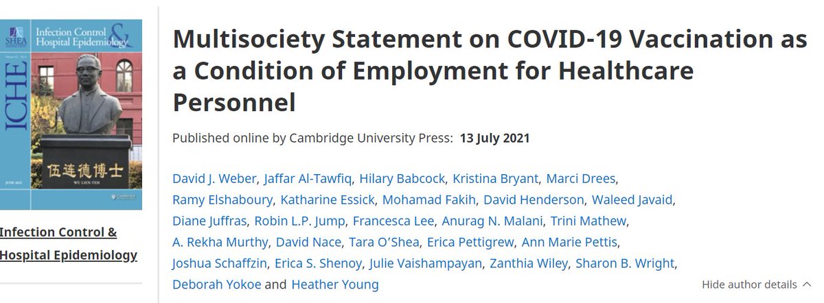 New in ICHE: A recommendation for COVID-19 vaccination of healthcare personnel as a condition of employment. Endorsed by all the organizations involved: <a href="/SHEA_Epi/">SHEA</a> <a href="/APIC/">APIC</a>
<a href="/IDSAInfo/">IDSA</a> <a href="/HIVMA/">HIV Medicine Association</a> <a href="/PIDSociety/">PIDS</a> <a href="/SIDPharm/">SIDP</a> <a href="/AMDApaltc/">AMDA - The Society for PALTC Medicine</a>

bit.ly/3wBDC3n