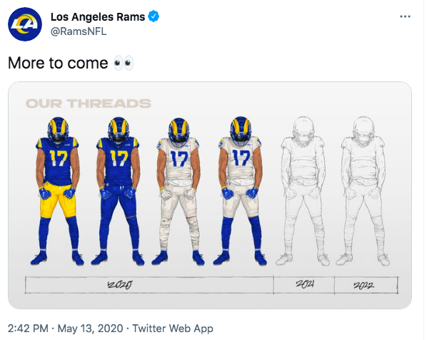 Twitter 上的John Breech：'Rams turning into the Oregon of the NFL. Apparently,  they're also going to release a new uniform for 2022 after releasing two  new jerseys for 2020 and one for