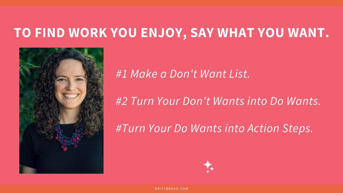 If you want to find work you enjoy, only making a list of the things you don’t want isn’t going to be that helpful 😃. Here’s a quick process to turn your don’t want list into an action plan: brittbravo.com/2021/07/13/to-…