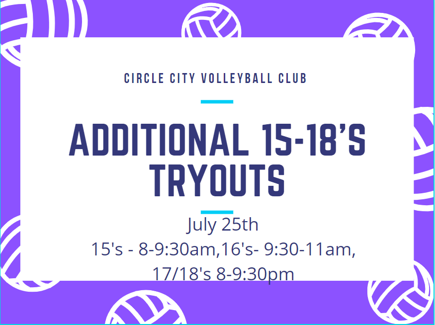 Attention all 15-18 year old's trying out at Circle City: We felt it was necessary to have a third tryout in each age group so that we can get the best evaluation possible of each individual. If you cannot attend one of the tryout's please email - lkeating@capitolsportscenter.com