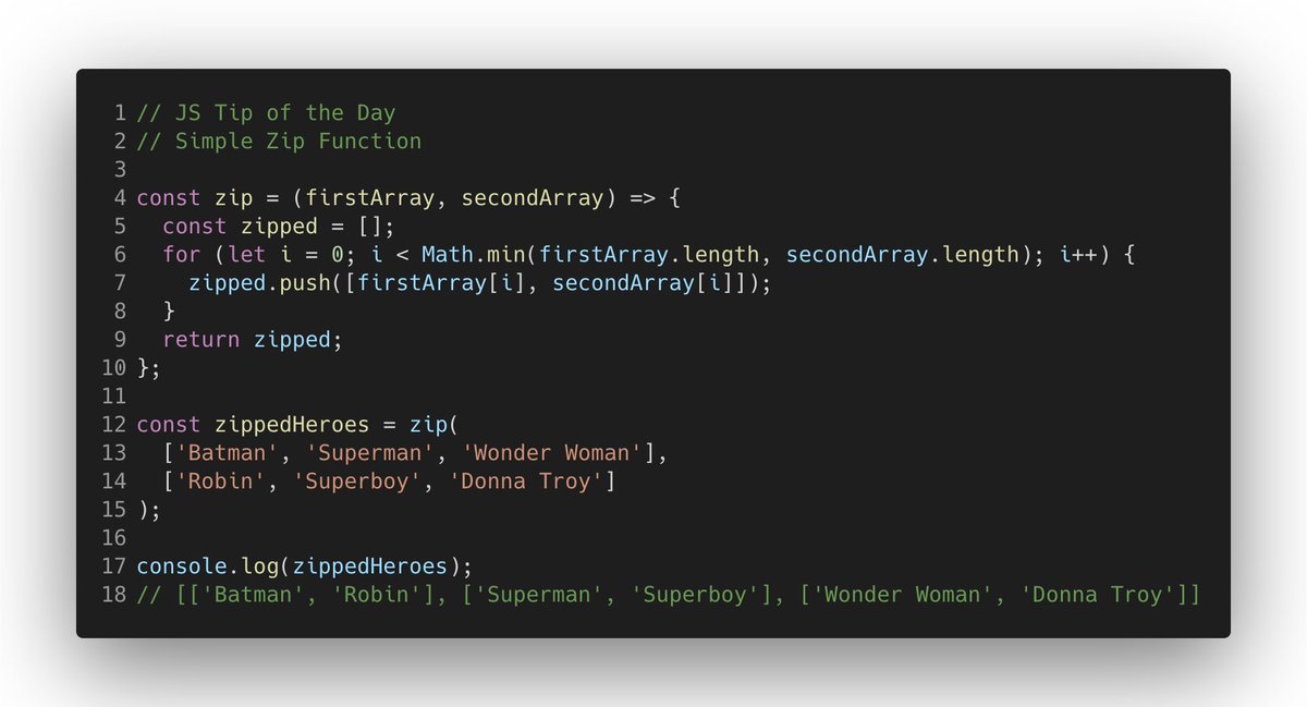 FrancescoSciuti's tweet photo. 💡JS Tip of the day 💡- 📅 Day 115
Simple Zip Function
Read all tips @ https://t.co/lUa0SscwUV
#JStipoftheday #devmy #jstips #js https://t.co/waOEccYZmJ