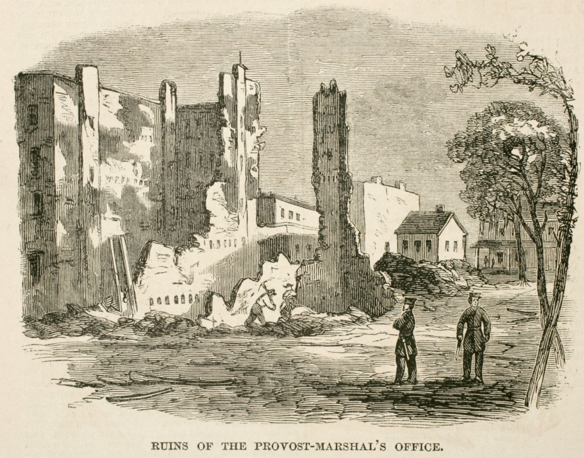 Image: Print showing the destruction of the Provost Marshal's Office where the new draft took place before the riots.