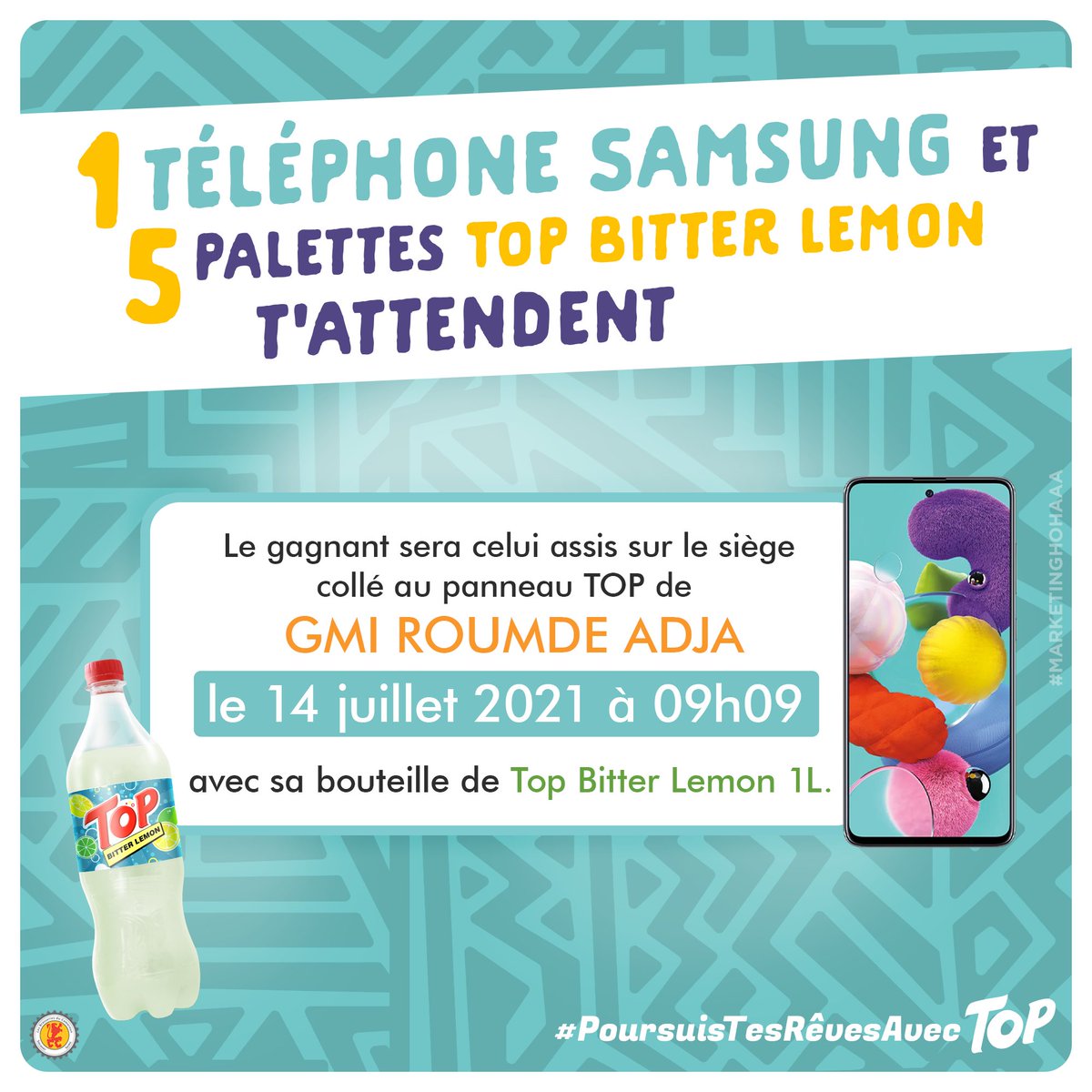 TopCameroun's tweet photo. Zaaaaaaannnnnnggggggggg!!!!
Le Top Jeu atterrit à #Garoua.
Une seule date : 14 juillet à 09h09 à GMI ROUMDE ADJA.
Avec ton Top Bitter Lemon 1L, sois juste assis sur le siège collé au panneau TOP et win ton téléphone Samsung Galaxy et tes 5 palettes Top Bitter Lemon
#TopJeu https://t.co/XL6CyAAecP