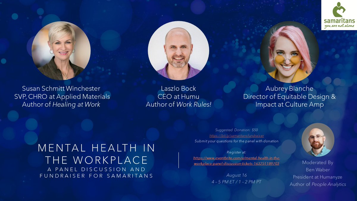bwaber's tweet photo. I'm THRILLED to present an all star panel🤩for the Mental Health in the Workplace @SamaritansHope fundraiser - Susan Schmitt Winchester, @LaszloBock, &amp; @adblanche!

Register here: https://t.co/5Nm2NeOxpD
Suggested donation here: https://t.co/oqANykhXj2 https://t.co/KcY6AsifSt