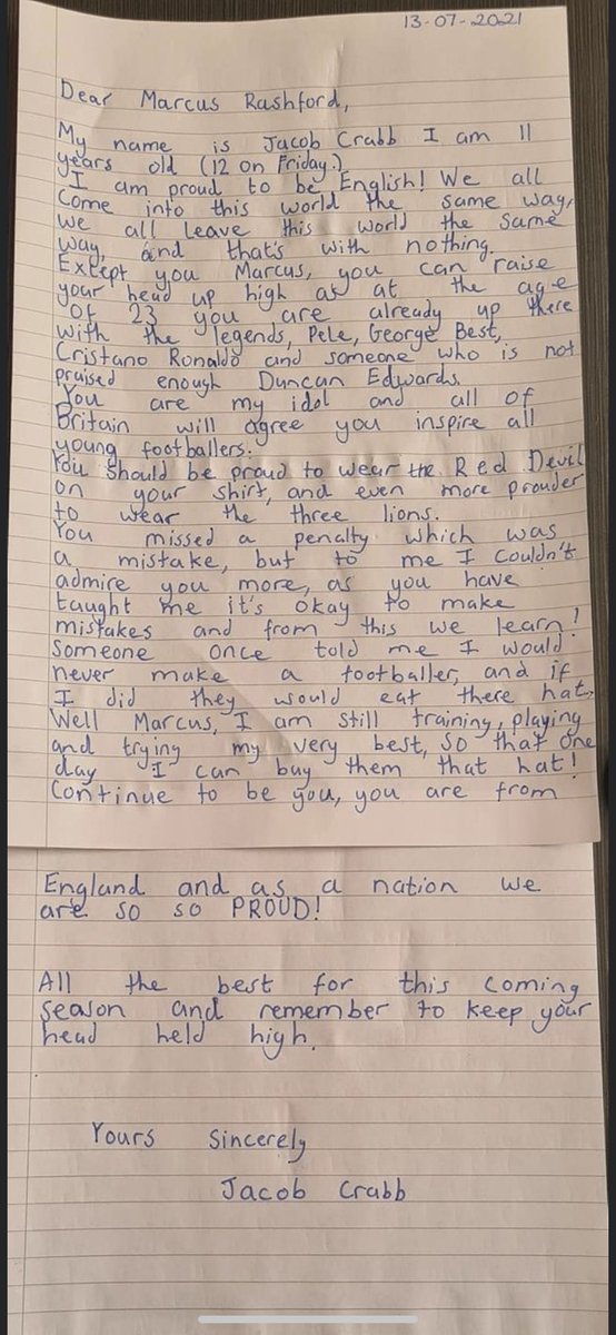 andrew40711516's tweet photo. @MarcusRashford this letter from my friends son to you sums up what every true England supporter is thinking. Can we get a retweet for his birthday? #ProudOfEngland https://t.co/17AoxEFhDi
