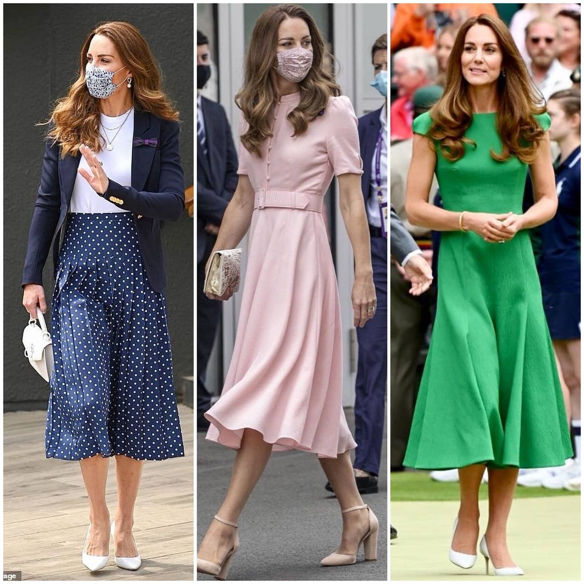 colourandimage's tweet photo. Kate make her courtside fashion count at #Wimbledon delivering one fabulous look after another

Pink dress@beulahlondon
Nude @aldo_shoes 
Green crepe @emiliawickstead midi dress
@jimmychoo heels
@mulberry bag
Navy polka dot @alessandrarich skirt
 #stylingthenation #KateMiddleton https://t.co/b5puKKqYT0