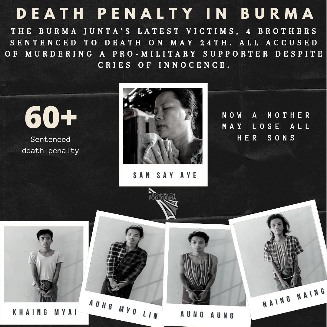 uscb's tweet photo. As the #Burma junta continues to use the #deathpenalty to further its agenda, it is tearing families apart. San Say Aye, confident in her sons' innocence, faces the strong possibility of losing all of her sons after their death sentence penalty.
#Myanmar #WhatsHappeningInMyanmar https://t.co/V10tFhwcif