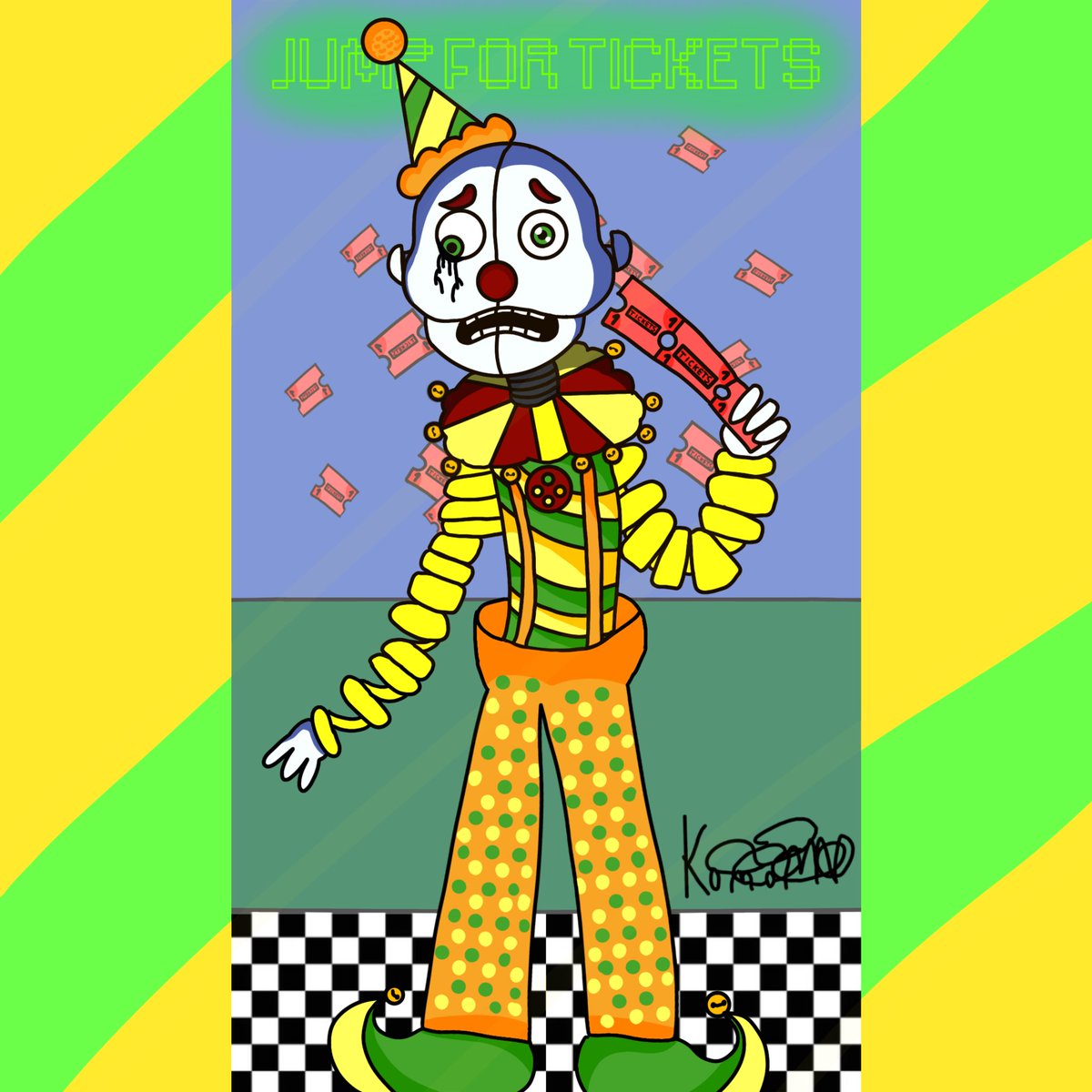 K0M0MN's tweet photo. Coils The Birthday Clown! 🤡🤹🎟 #coilsthebirthdayclown #fnaf #fazbearfrights #jumpfortickets #fivenightsatfreddys #fanart #fnaffanart #procreate https://t.co/SAgjUAlkDi