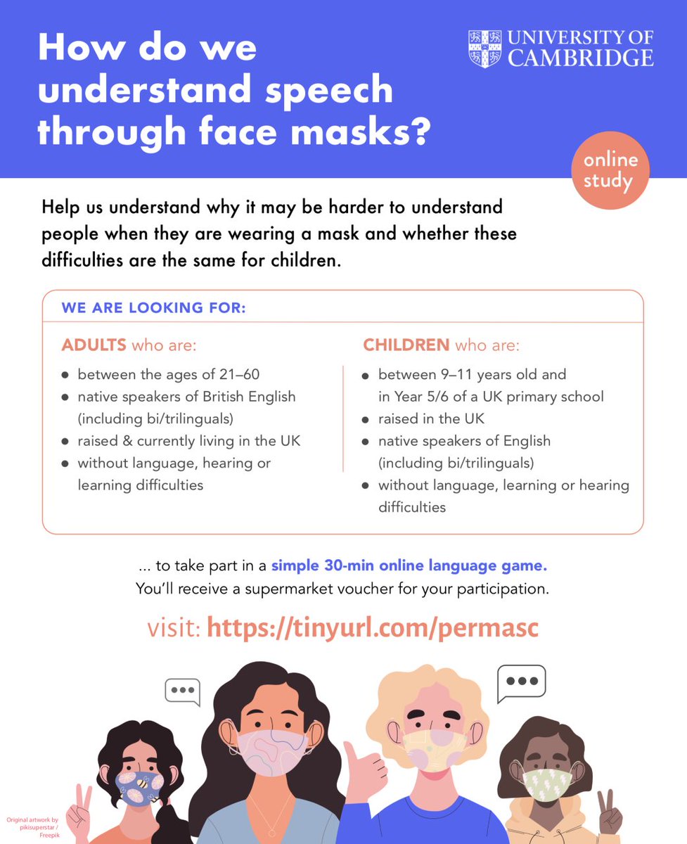 Have you wondered *why* some people find it difficult to understand others who are wearing a face mask?😷

We're looking for parents/children &amp; adults to help us answer this question!
Sign up here forms.gle/iCe5wdRzUQqWJu…
£10 voucher for families / £5 for adults

Please RT!!😃