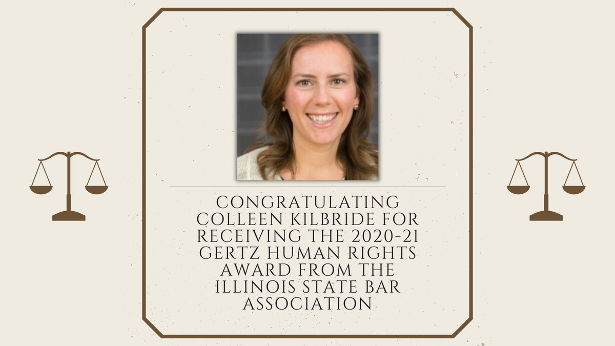 NIJC's tweet photo. Congrats to @ColleenKilbride for receiving the 2020-21 Gertz Human Rights Award from @ISBAlawyer! Colleen is a senior attorney at NIJC who represents asylum seekers, including detained &amp; released parents and children affected by family separation. Well-deserved! 👏 👏 https://t.co/8AVHuF0s1i