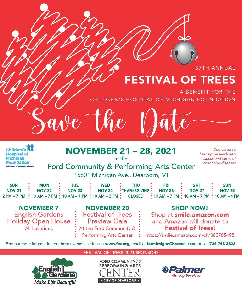 Children’s Hospital of Michigan Foundation (@chmfoundation) on Twitter photo We are excited to announce that the 37th <a href="/TreesFestival/">Festival of Trees</a> will return this year, taking place November 21-28 at the Ford Community & Performing Arts Center in Dearborn. This joyful event supports <a href="/CHMFoundation/">Children’s Hospital of Michigan Foundation</a>. Mark your calendar/check out fot.org for more info! We are excited to announce that the 37th <a href="/TreesFestival/">Festival of Trees</a> will return this year, taking place November 21-28 at the Ford Community & Performing Arts Center in Dearborn. This joyful event supports <a href="/CHMFoundation/">Children’s Hospital of Michigan Foundation</a>. Mark your calendar/check out fot.org for more info!