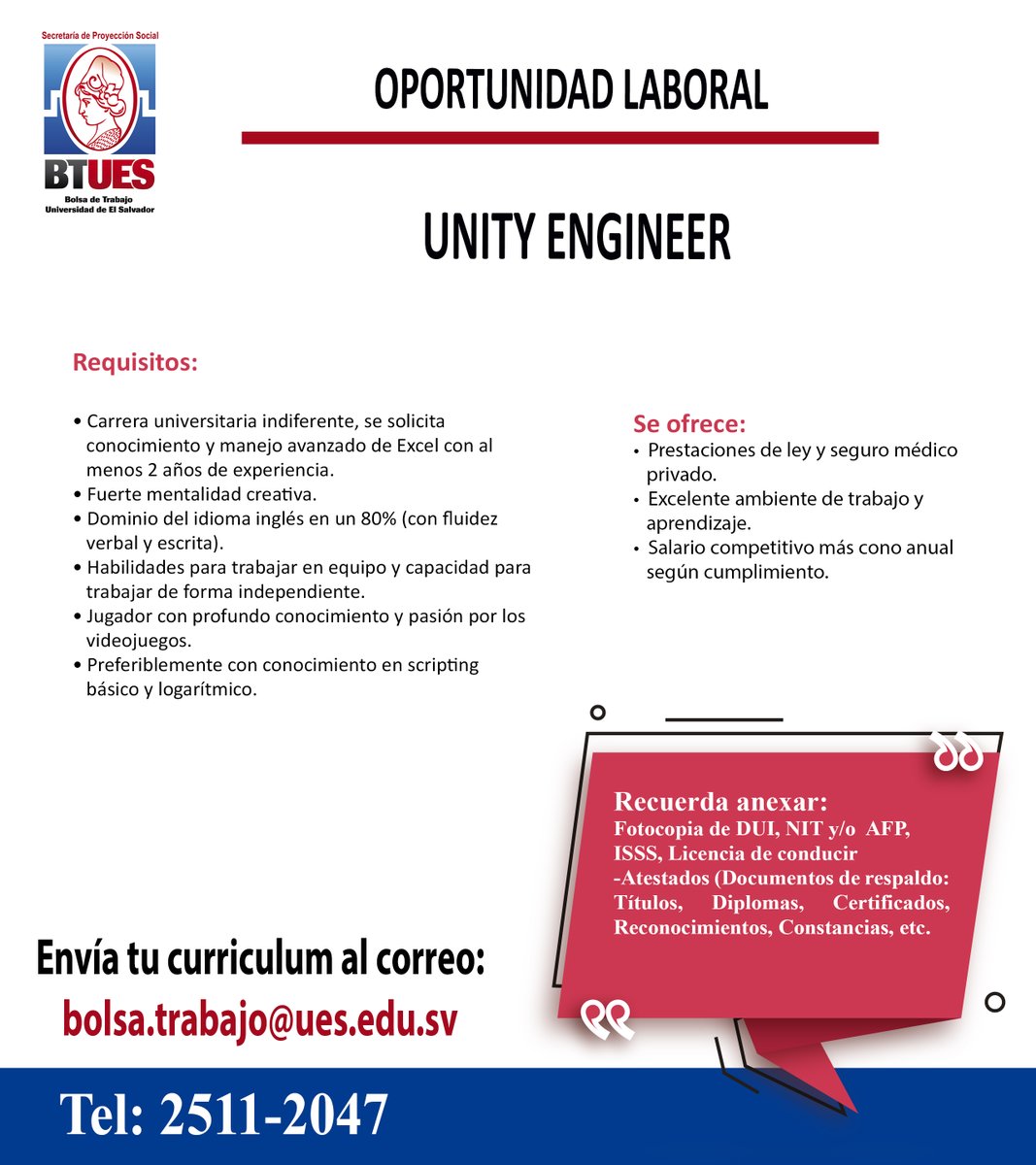 Tienes hasta el 23 de julio para enviar tu cv a correo: bolsa.trabajo@ues.edu.sv