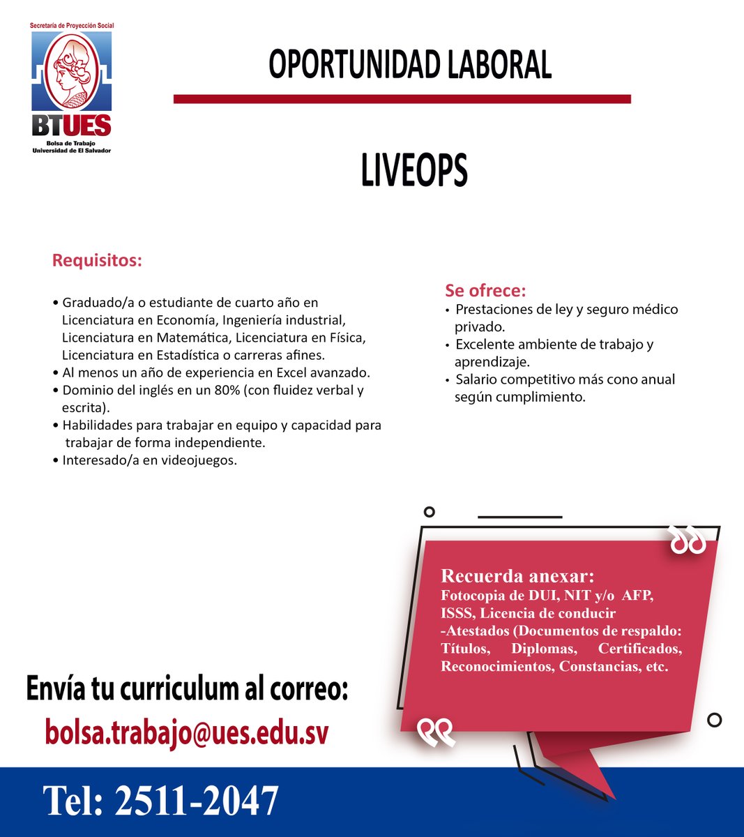 Tienes hasta el 23 de julio para enviar tu cv a correo: bolsa.trabajo@ues.edu.sv