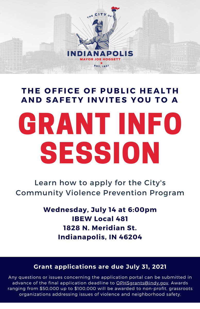 Interested in learning more about Indy's Office of Public Safety's Violence Prevention Grants? Be sure to attend the informational session happening tomorrow, 7/14, at 6pm at IBEW Local 481 (1828 N Meridian St, 46204). Grant applications are due by 7/31!