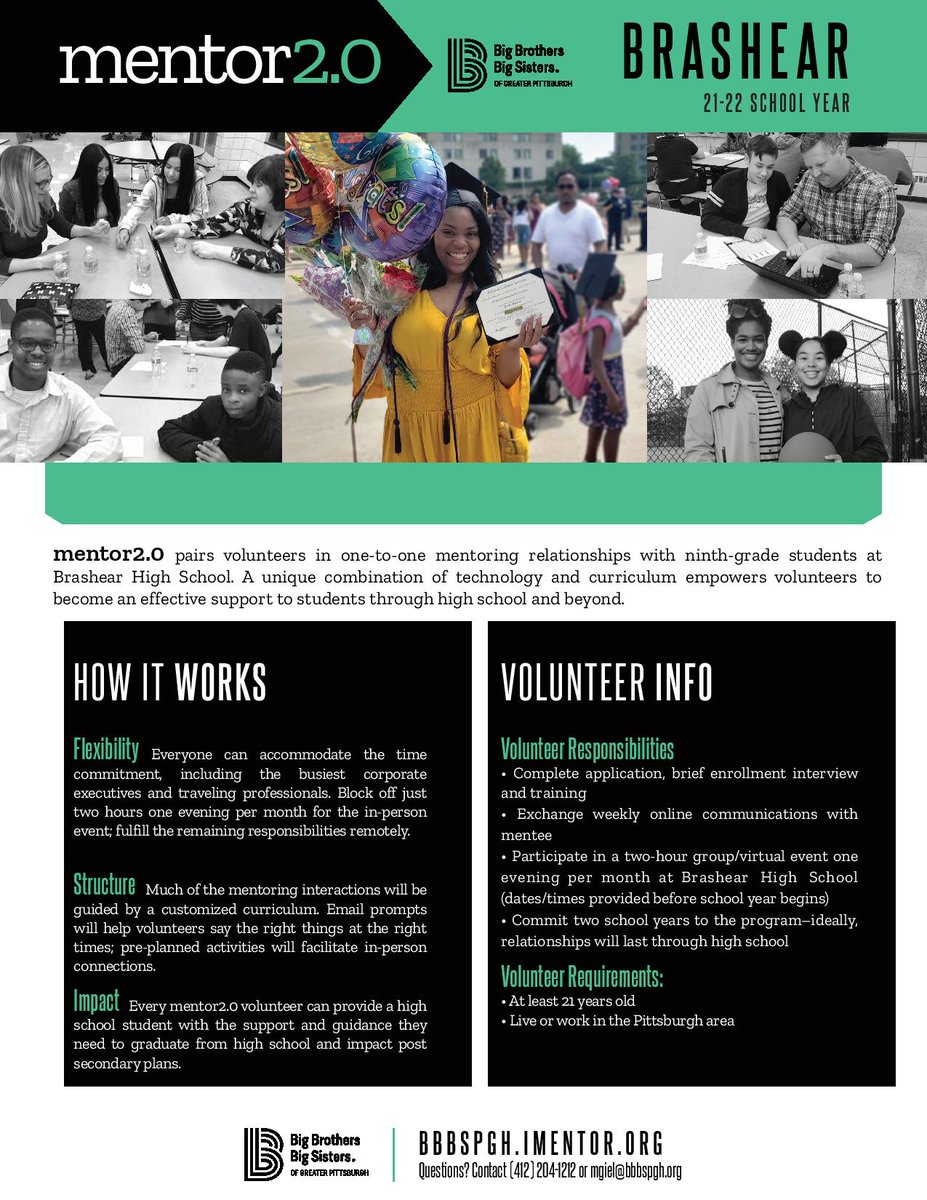 Big Brothers Big Sisters is looking for middle school mentors at Pittsburgh Arsenal in Lawrenceville and Pittsburgh Schiller on the North Side. Our youth need us now more then ever &amp; mentoring is an important way to support them during this time. 

Become a middle school mentor!