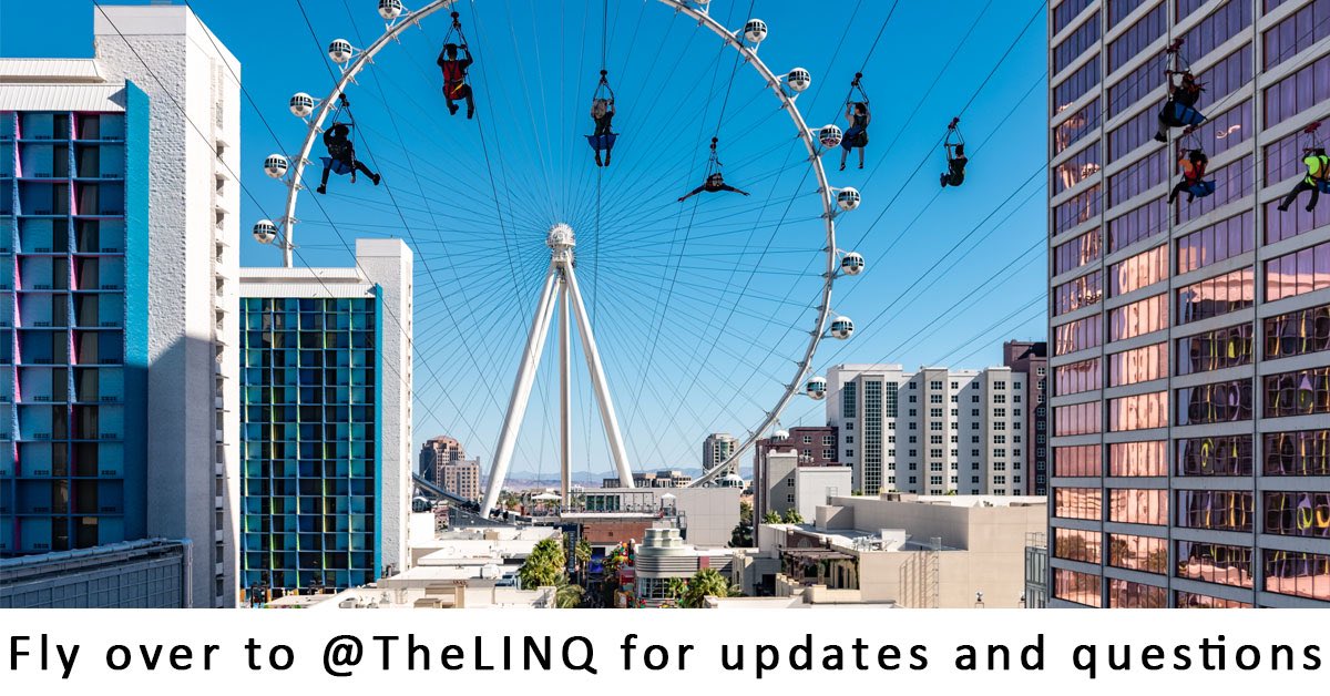 FlyLINQ's tweet image. Take the plunge on the Strip’s only zipline. Follow @TheLINQ for real time updates and questions. Visit FlyLINQ.com for tix!
