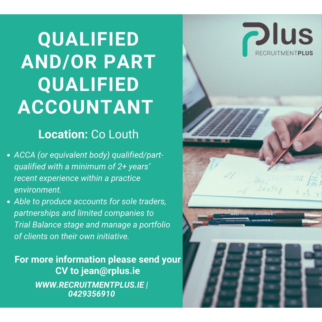 Exciting opportunity for a Qualified/ Part Qualified Accountant based in Co Louth. Send your CV to jean@rplus.ie or call 0429356910 today!! #jobfairy #louthchat #jobopportunities