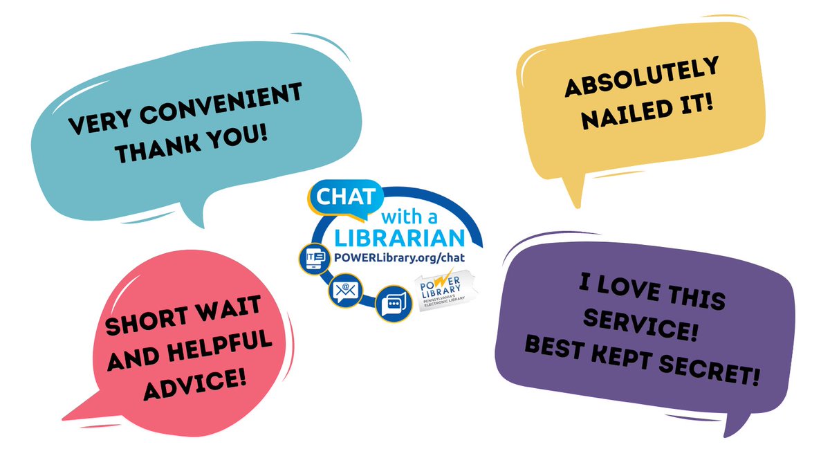 PowerLibrary's tweet photo. Check out what people are saying after trying the Chat with a Librarian service on #POWERLibrary! Got questions? We have live librarians waiting to find the answers. #Text us #Chat us or #Email us! https://t.co/etwQJypypx #notbots #livehelp #palibraries #paonlinelearning https://t.co/YYNXmmCFPe