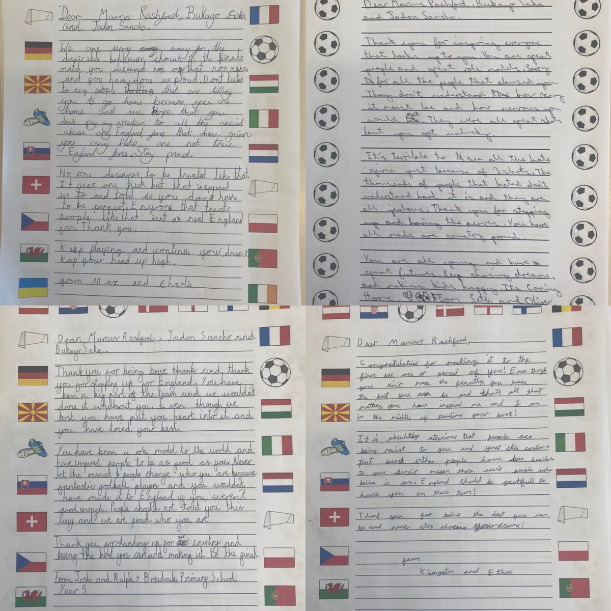 Broadoak_Year5's tweet photo. Some positive words from our Y5 children (5W) from Manchester to their inspirational players - @MarcusRashford @BukayoSaka87 @Sanchooo10. Thank you for everything 🖤🏴󠁧󠁢󠁥󠁮󠁧󠁿⚽️ @England @MENnewsdesk please help us to show our appreciation for these legends. #ThreeLions #Euro2020Final https://t.co/Jsg1MRqiDS