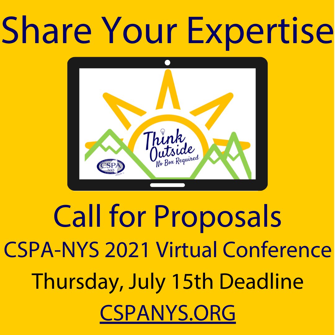 Share your expertise at this year’s #CSPANYS2021 virtual Conference. Proposal Deadline is 3 DAYS away submit a proposal TODAY! Deadline is July 15. Questions 📧- annualconference@cspanys.org